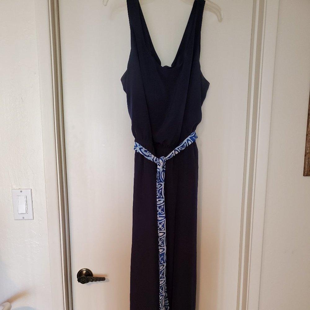 Navy Blue Summer Dress with Patterned Belt